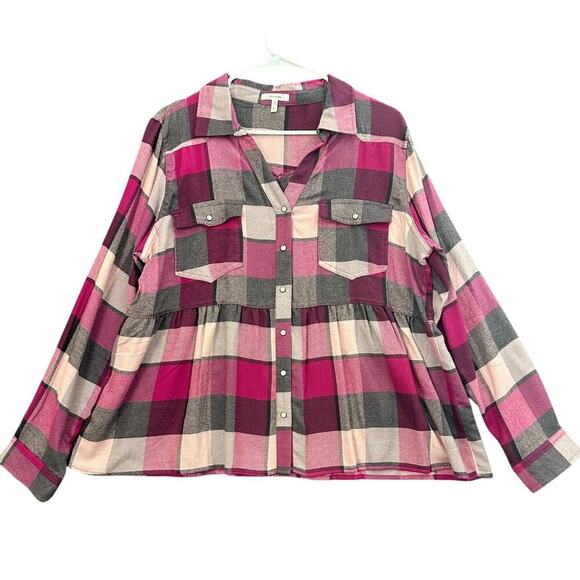 Maurices Western Snap Plaid Top XL Flannel Pleated Hem Farm - Picture 1 of 10